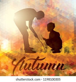 Vector Happy Family and Pet Dog Autumn Portrait. Illustration of Parents With Children