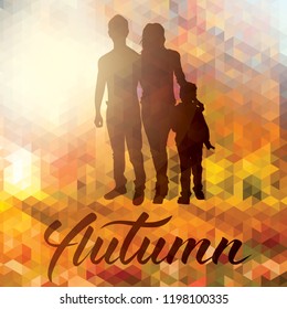 Vector Happy Family and Pet Dog Autumn Portrait. Illustration of Parents With Children