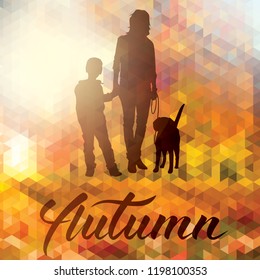 Vector Happy Family and Pet Dog Autumn Portrait. Illustration of Parents With Children