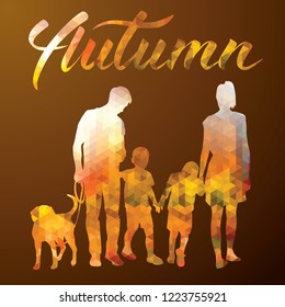 Vector Happy Family and Pet Dog Autumn Portrait. Illustration of Parents With Children