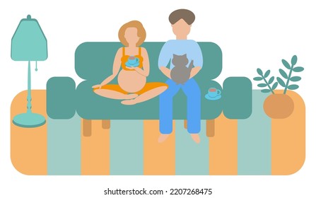 Vector happy family pregnant woman siting at home in pose lotos on the green couch next her husband. Home furniture, flower pot and cat. Woman drink tea. Morning time at home. Pregnant belly.