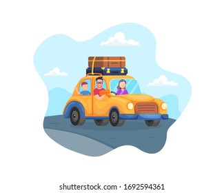 Vector happy family trip by car. Family traveling by car on the countryside road, Family father, mother and son vacation with car. Family traveling on a road trip. Vector illustration in flat style