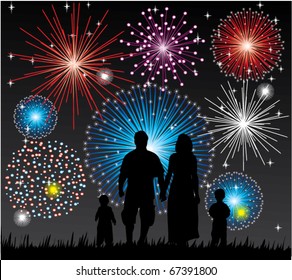 Vector Happy Family Watching Fireworks