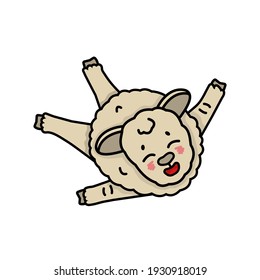 Vector happy farm sheep flies in the air. Cute cartoon outline isolated funny little lamb baby on white background. Sheep jumped up and its paws flew up. The animal is happy, smiling, cheeks are pink