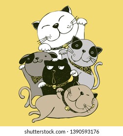 Vector of happy fat cats. Set characters. Cute cat - Vector