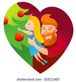 Vector happy father and daughter decorate the Christmas tree with beautiful red toys