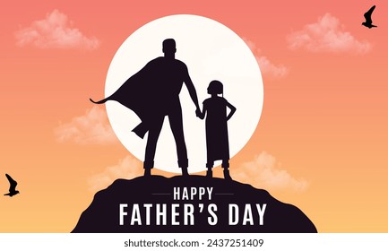 Vector happy father's day with dad and children silhouettes