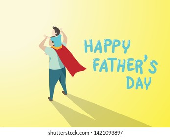 vector of happy father's day greeting card. Dad in superhero's costume giving son ride on shoulder with text happy father's day on yellow background