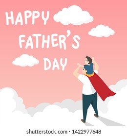 vector of happy father's day greeting card. Dad in superhero's costume giving son ride on shoulder with text happy father's day over the white cloud on pink background