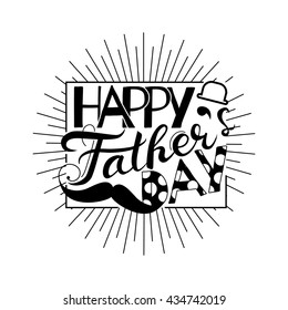 Vector Happy father's day greeting card. Conceptual design with hat and mustache, hand lettering retro, childish style. Web design, poster, banner, print, logo, advertisement element. Black on white