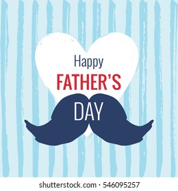 Vector Happy Father's Day phrase with a mustaches and heart. Congratulations card. Holiday poster template on the hand drawn background.