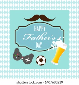 Vector happy fathers day vintage style greeting card design with mustache, gamepad, soccer ball, beer and lettering