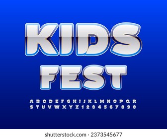 Vector happy flyer Kids Fest. Bright Artistic Font. White and Blue Modern Alphabet Letters and Numbers.