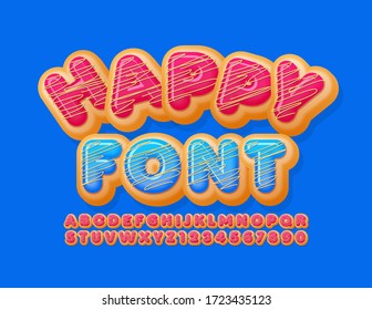 Vector Happy Font for Kids. Sweet Donut Alphabet. Pink Glazed Letters and Numbers with Sprinkles