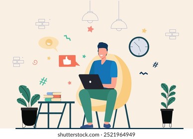 Vetor Happy freelancer com computador em casa. Jovem sentado em poltrona e usando laptop, conversando on-line e sorrindo. Ilustração vetorial para trabalho à distância, aprendizagem online, freelance