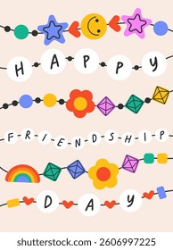 Vector Happy Friendship day greeting card. Friendship bracelets with colorful beads