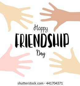 Vector happy friendship day lettering with children hands.Sign of  friendship, hand inscription with child's palm. Element for your poster, banner, print, advertisement design.