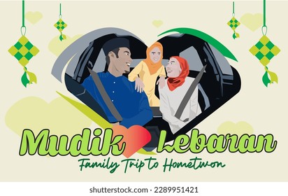 vectorial alegre amor asiático moslem viaje familiar con gorro de vestir e hijab en auto a mudik lebaran ciudad natal con el fondo de la sala de suspenso ketupat celebrando eid al fitr
