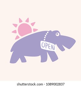 Vector happy and funny door sign illustration of hippo indicating open store