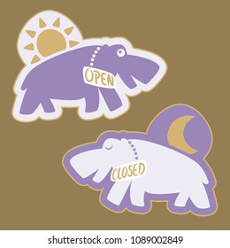Vector happy and funny door sticker illustration of hippo indicating open and closed store