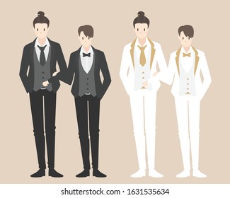 vector happy gay couple character in wedding attire   hold arms Handsome male homosexual in 
black   white wedding suite cartoon sweetheart for wedding card design homosexuality idea being in love