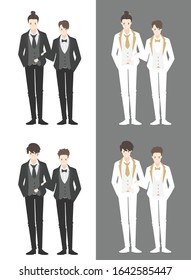 vector happy gay couple character in wedding attire and hold arms,Handsome male homosexual in black and white wedding suite,cartoon sweetheart for wedding card design homosexuality idea,being in love