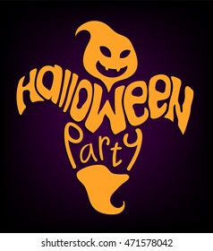 Vector happy ghost with lettering " Halloween party " on dark background