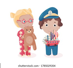 Vector happy girl in eyeglasses with the teddy bear and a boy in captain hat and sailor suit holds toy ship with sails. Best friends play together with playthings. Kid in pyjamas with the soft bear. 