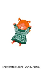 Vector happy girl in green tacky ugly sweater celebrates Christmas holiday. Cartoon female character wearing woolen jumper and dancing. Isolated object.