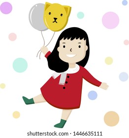 vector of happy girl hold balloon in her hand and fly in the sky and she wear red dress and green boots