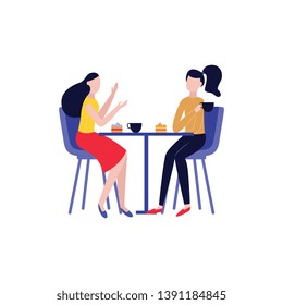 Vector happy girls drinking tea communicating sitting in chairs at table. Cheerful female characters in cafeteria drinking hot drink. Women friends chatting together.