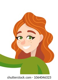 Vector happy green eyed girl with red hair character taking selfie