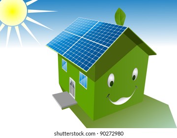 vector happy green house with solar system roof,raster version available