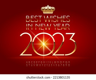 Vector happy Greeting Card Best Wishes in New Year 2023! Golden slim Font. Chic Alphabet Letters and Numbers