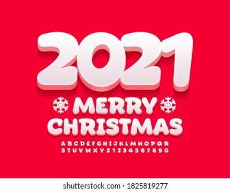 Vector happy greeting card Merry Christmas 2021 with Snowflakes. White comic Font. Kids style playful Alphabet Letters and Numbers set