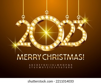 Vector happy Greeting Card Merry Christmas with lamp toys 2023! Elegant golden Font. Modern Alphabet Letters and Numbers
