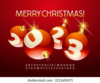 Vector happy Greeting Card Merry Christmas 2023 with red Christmas balls! Elegant Golden Font. Luxury Alphabet Letters and Numbers