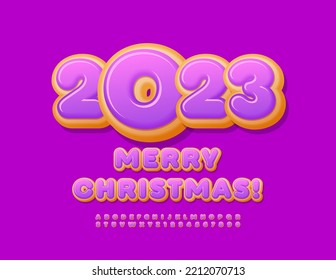 Vector happy Greeting Card Merry Christmas 2023! Donut Kids Font. Violet glazed Alphabet Letters and Numbers