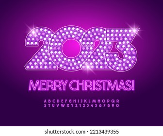 Vector happy Greeting Card Merry Christmas 2023 with Light Bulb Ornate. Bright Neon Font. Glowing Violet Alphabet Letters and Numbers set