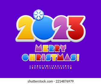 Vector happy Greeting Card Merry Christmas 2023! Colorful Alphabet Letters and Numbers set. Bright artistic Font