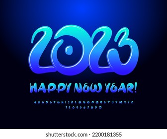 Vector happy Greeting Card Happy New Year 2023! Blue gradient Font. Handwritten Alphabet Letters and Numbers