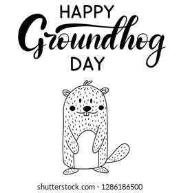 Vector Happy Groundhog Day design with cute marmot popping up from his burrow. Lettering text for greeting card. Vector cartoon illustration in black and white color. EPS10