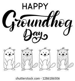 Vector Happy Groundhog Day design with cute marmot popping up from his burrow. Lettering text for greeting card. Vector cartoon illustration in black and white color. EPS10