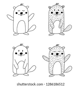 Vector Happy Groundhog Day design with cute marmot popping up from his burrow. Lettering text for greeting card. Vector cartoon illustration in black and white color. EPS10