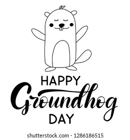 Vector Happy Groundhog Day design with cute marmot popping up from his burrow. Lettering text for greeting card. Vector cartoon illustration in black and white color. EPS10
