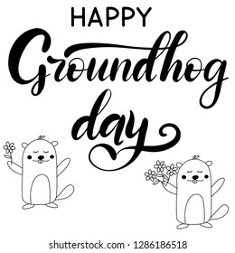 Vector Happy Groundhog Day design with cute marmot popping up from his burrow. Lettering text for greeting card. Vector cartoon illustration in black and white color. EPS10