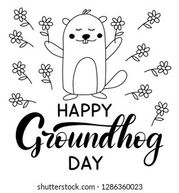 Vector Happy Groundhog Day design with cute marmot popping up from his burrow. Lettering text for greeting card. Vector cartoon illustration in black and white color. EPS10