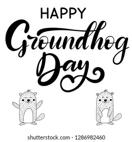 Vector Happy Groundhog Day design with cute marmot popping up from his burrow. Lettering text for greeting card. Vector cartoon illustration in black and white color. EPS10