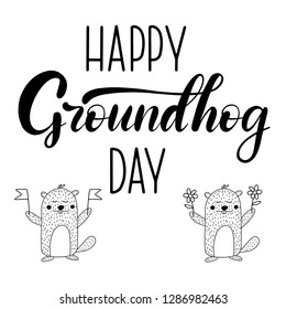 Vector Happy Groundhog Day design with cute marmot popping up from his burrow. Lettering text for greeting card. Vector cartoon illustration in black and white color. EPS10
