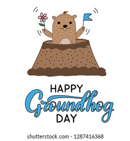 Vector Happy Groundhog Day design with cute marmot with flowers popping up from his burrow. Lettering text for greeting card. Vector colorful cartoon illustration. EPS10